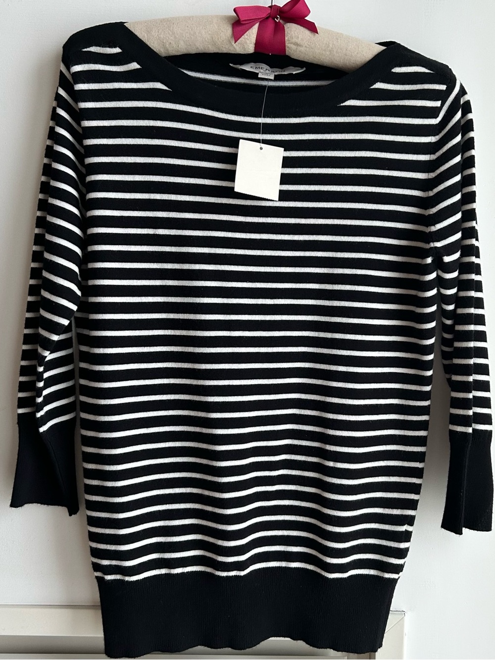 Boatneck Black & White Fine Knit with 3/4 Length Sleeves, Women, size Small
